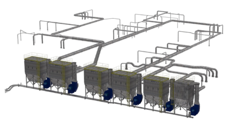 Demonstrativo de um Sistema de exaustão industrial com diversas linhas de Filtros